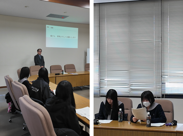 アナウンスに必要な心構えや声の出し方を教えてもらう様子